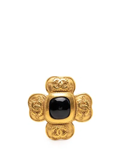 Pre-owned Chanel 1996 Cc Gold Plated Black Stone Clover Brooch Costume Brooch