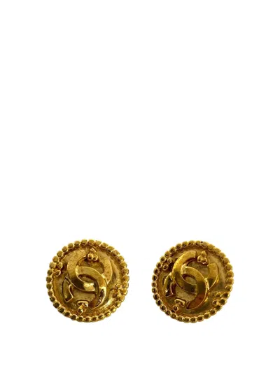 Pre-owned Chanel 1996 Cc Gold Plated Button Clip On Earrings Costume Earrings
