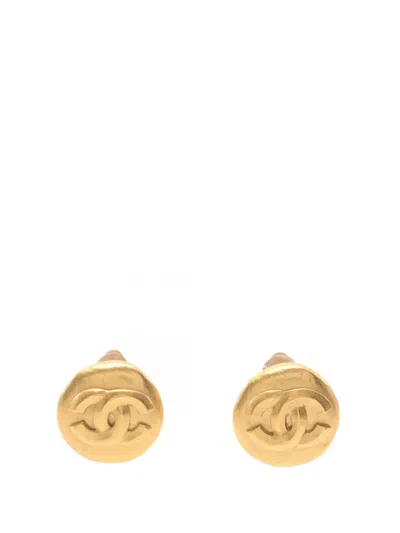 Pre-owned Chanel 1996 Cc Gold Plated Button Clip On Earrings Costume Earrings