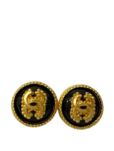 Pre-owned Chanel 1996 Cc Gold Plated Resin Button Clip On Earrings Costume Earrings In Black