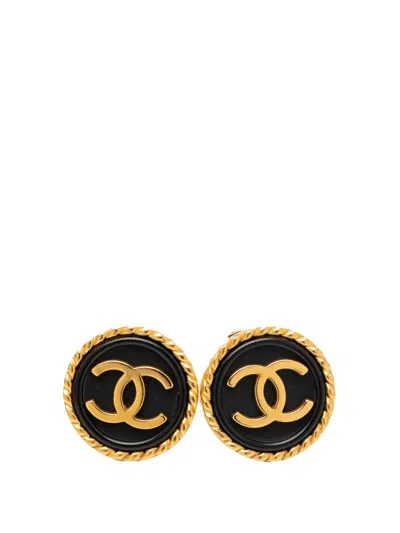 Pre-owned Chanel 1996 Cc Gold Plated Resin Button Clip On Earrings Costume Earrings In Black