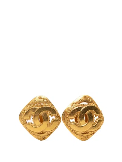 Pre-owned Chanel 1996 Cc Gold Plated Rhombus Clip On Earrings Costume Earrings
