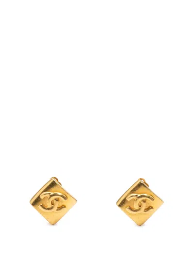 Pre-owned Chanel 1996 Cc Gold Plated Rhombus Clip On Earrings Costume Earrings