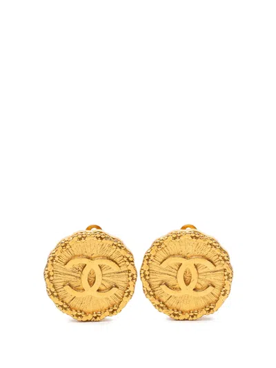 Pre-owned Chanel 1996 Cc Gold Plated Sunburst Round Clip On Earrings Costume Earrings