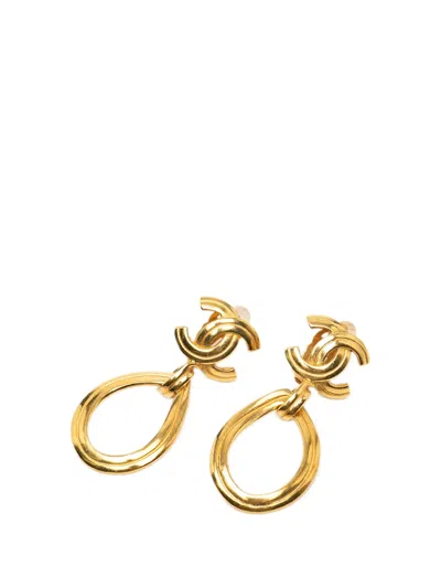 Pre-owned Chanel 1996 Cc Gold Plated Teardrop Dangle Hoop Clip On Earrings Costume Earrings