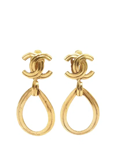 Pre-owned Chanel 1996 Cc Gold Plated Teardrop Dangle Hoop Clip On Earrings Costume Earrings