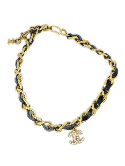 Pre-owned Chanel 1996 Cc Leather And Chain-link Necklace In Gold