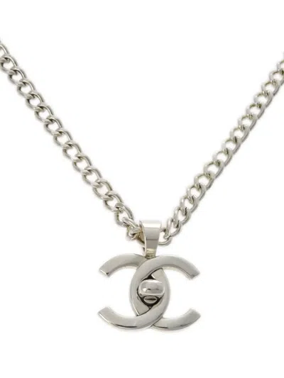 Pre-owned Chanel 1996 Cc-logo Turnlock Necklace In Silver