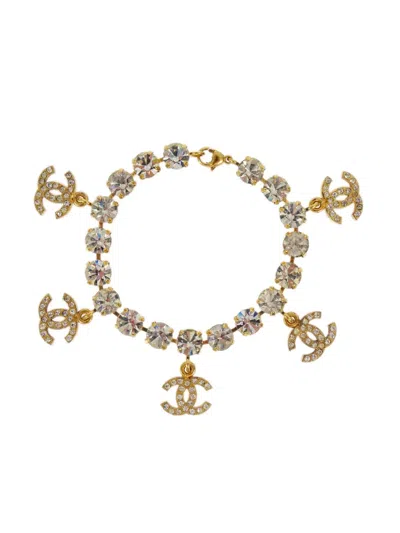 Pre-owned Chanel 1996 Cc Rhinestone-embellished Bracelet In Gold