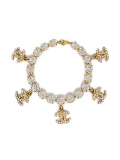 Pre-owned Chanel 1996 Cc Rhinestone-embellished Bracelet In Gold