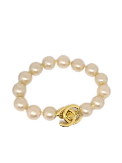 Pre-owned Chanel 1996 Cc Turn-lock Faux-pearl Bracelet In Gold, White