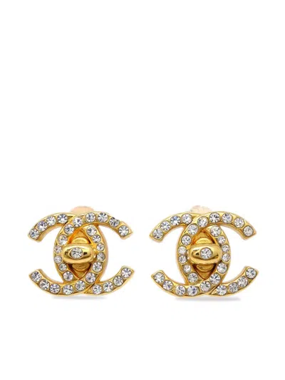 Pre-owned Chanel 1996 Cc Turn-lock Rhinestone-embellished Brooch In Gold