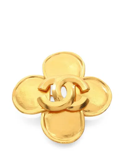 Pre-owned Chanel 1996 Clover Cc Brooch In Gold