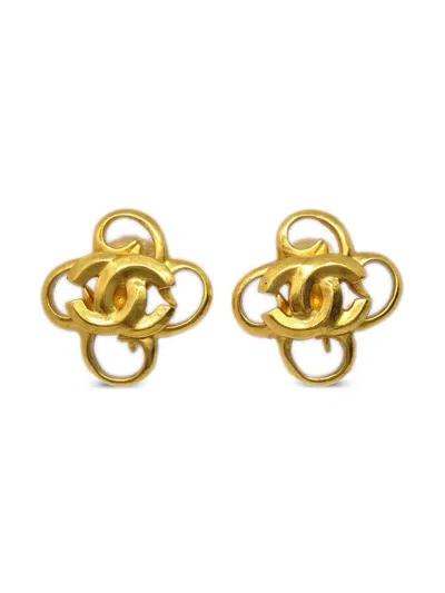 Pre-owned Chanel 1996 Clover Cc Earrings In 金色