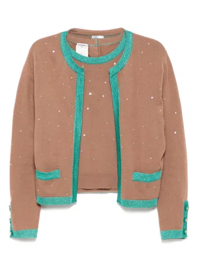 Pre-owned Chanel 1996 Ensemble Cardigan Top In Brown