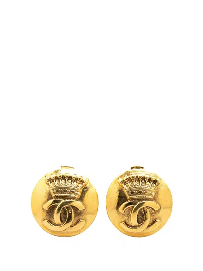 Pre-owned Chanel 1996 Gold Plated Cc Crown Clip On Earrings Costume Earrings