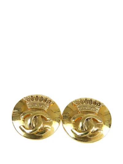 Pre-owned Chanel 1996 Gold Plated Cc Crown Clip On Earrings Costume Earrings