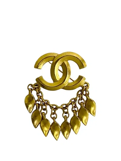 Pre-owned Chanel 1996 Gold Plated Cc Dangling Leaves Brooch Costume Brooch