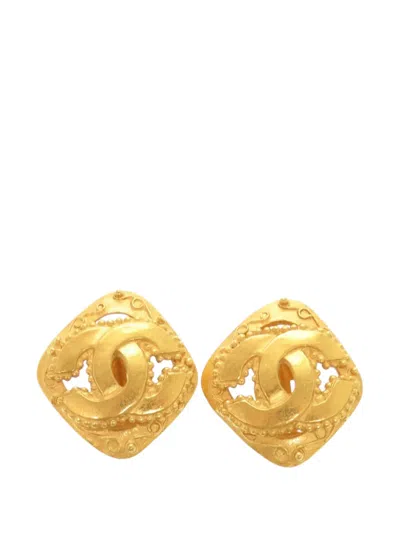 Pre-owned Chanel 1996 Gold Plated Cc Rhombus Clip On Earrings Costume Earrings