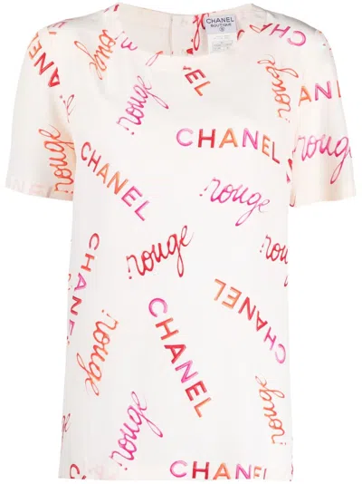 Pre-owned Chanel 1996 Logo-print Silk T-shirt In Neutrals