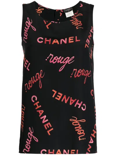 Pre-owned Chanel 1996 Logo-print Sleeveless Silk Top In Black