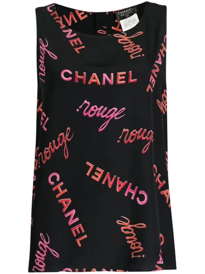 Pre-owned Chanel 1996 Logo-print Sleeveless Silk Blouse In Black