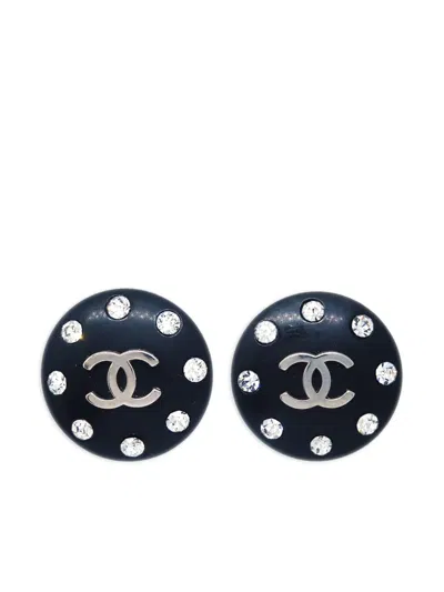 Pre-owned Chanel 1996 Rhinestone-embellished Cc Button Clip-on Earrings In Silver