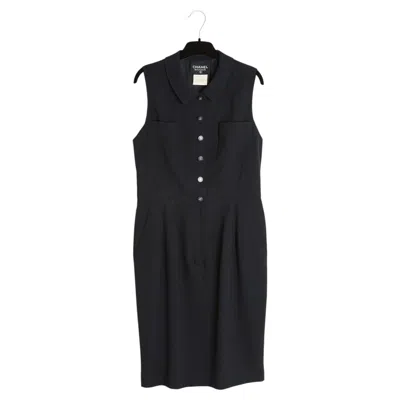 Pre-owned Chanel 1996 Robe Marine Fr40 Navy Wool Sleeveless Cc Dress Uk12 Us10 In Blue