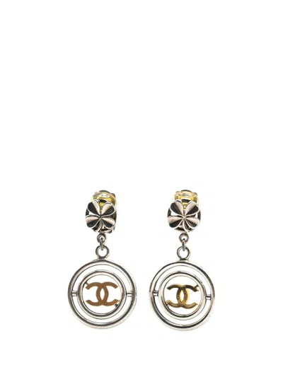 Pre-owned Chanel 1996 Silver Clover Cc Drop Clip On Earrings Costume Earrings