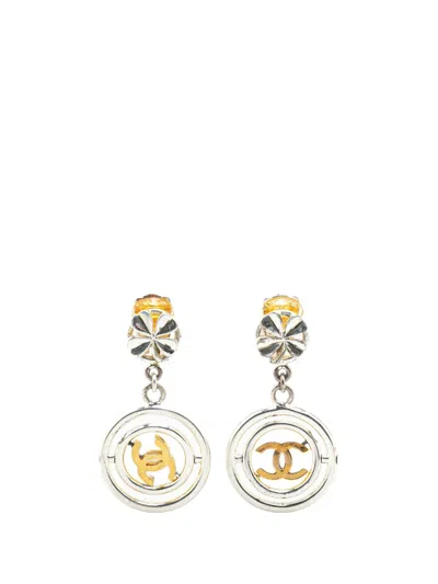 Pre-owned Chanel 1996 Silver Clover Cc Drop Clip On Earrings Costume Earrings