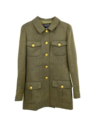 Pre-owned Chanel 1996 Tweed Single-breasted Coat In Green