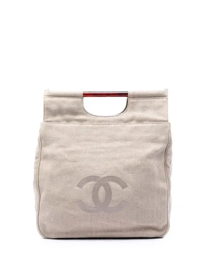 Pre-owned Chanel 1996-1997 Cc Canvas Tortoise Handle Tote Bag In Neutral