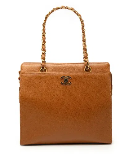 Pre-owned Chanel 1996-1997 Cc Caviar Chain Turn Lock Tote Bag In Brown