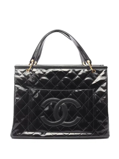 Pre-owned Chanel 1996-1997 Cc Quilted Patent Shoppers Tote Bag In Black