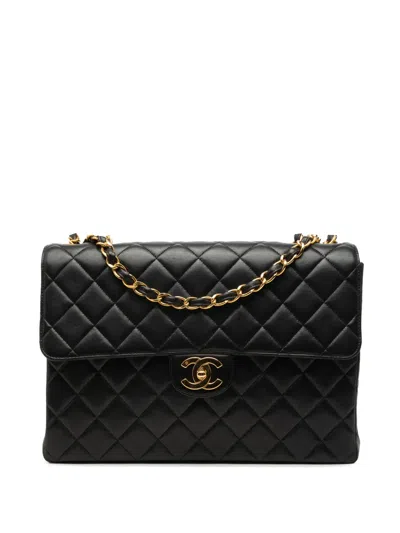 Pre-owned Chanel 1996-1997 Jumbo Classic Lambskin Single Flap Shoulder Bag In Black