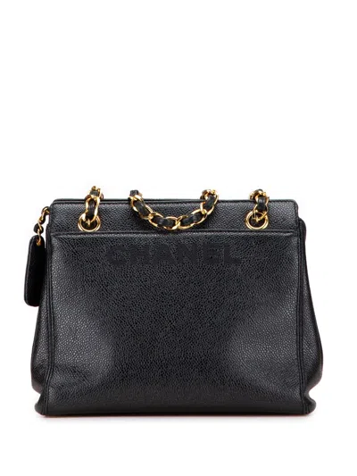 Pre-owned Chanel 1997-1999 Caviar Logo Chain Tote Bag In Black