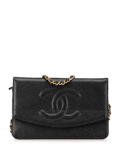 Pre-owned Chanel 1997-1999 Cc Caviar Wallet On Chain Crossbody Bag In Black