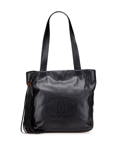 Pre-owned Chanel 1997-1999 Cc Lambskin Tassel Tote Bag In Black