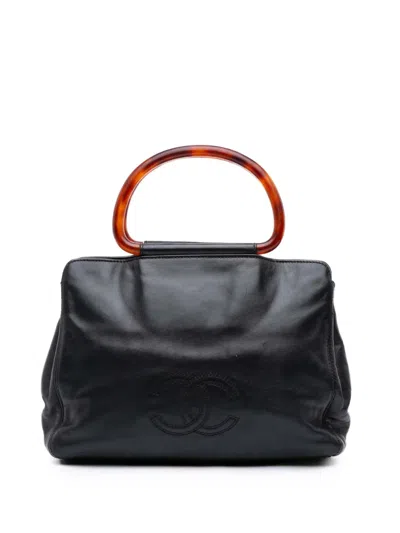 Pre-owned Chanel 1997-1999 Cc Lambskin Tortoise Top Handle Tote Bag In Black