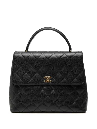 Pre-owned Chanel 1997-1999 Cc Quilted Caviar Kelly Top Handle Bag Handbag In Black