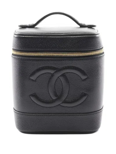 Pre-owned Chanel 1997-1999 Coco Mark Caviar Skin Makeup Bag In Black