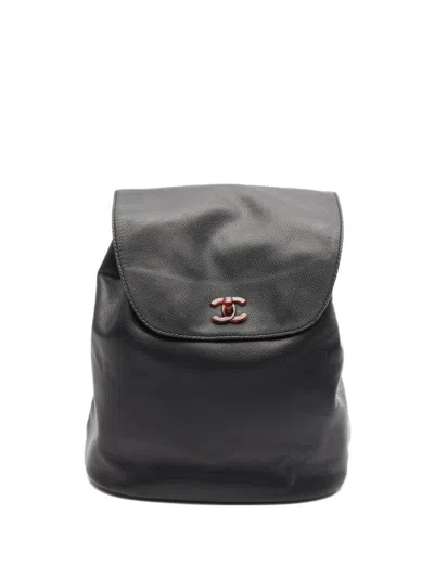 Pre-owned Chanel 1997-1999 Coco Mark Leather Backpack In Black