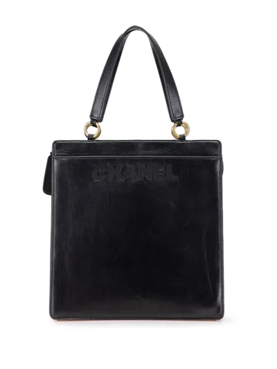 Pre-owned Chanel 1997-1999 Lambskin Embroidered Logo Tote Bag In Black