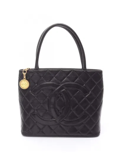 Pre-owned Chanel 1997-1999 Lambskin Medallion Tote Bag In Black