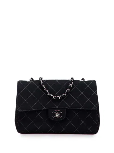 Pre-owned Chanel 1997-1999 Medium Quilted Jersey Single Flap Shoulder Bag In Black