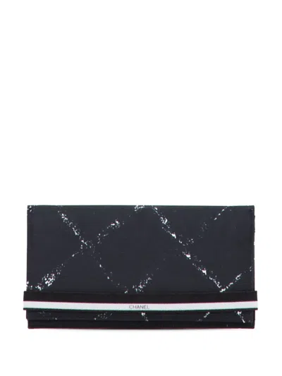 Pre-owned Chanel 1997-1999 Old Travel Line Nylon Bifold Wallet Long Wallets In Black