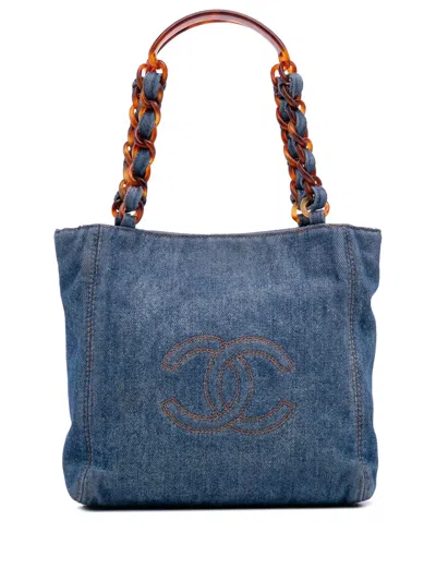 Pre-owned Chanel 1997-1999 Small Cc Stitched Denim Tote Bag In Blue