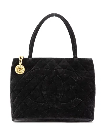 Pre-owned Chanel 1997-1999 Velvet Medallion Tote Bag In Black