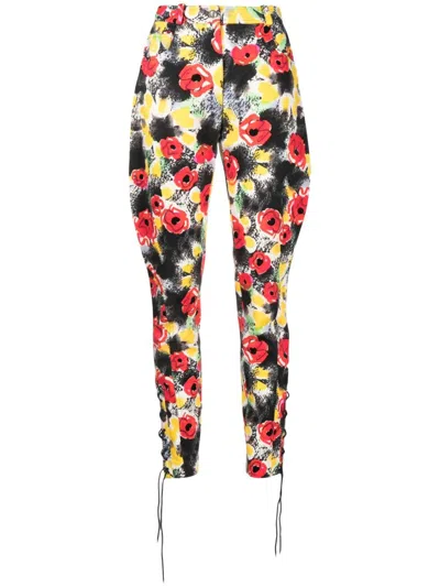 Pre-owned Chanel 1997 Camellia-print Slim-cut Trousers In Multicolour