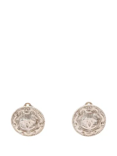 Pre-owned Chanel 1997 Cc Brass Round Clip On Earrings Costume Earrings In Silver